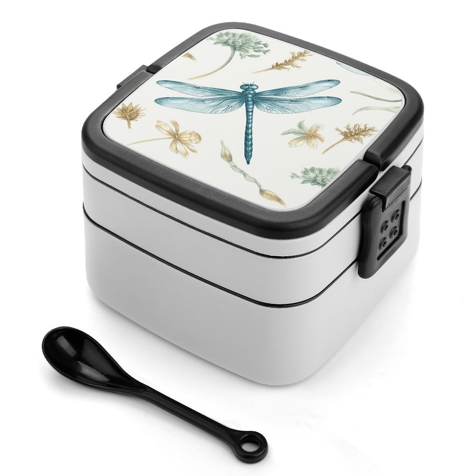 VstaDank Dragonfly Bento Box with Compartments Portable Lunch Containers with Spoon Leak Proof Bento Lunch Box Snap-On Design Double-Layer Insulated Lunch Boxes for Work Camping