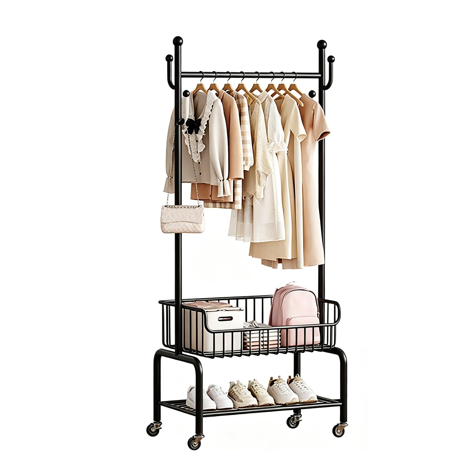 Metal Garment Rack With Wheels,Rolling Clothing Rack(Black,60cm/23.6in)