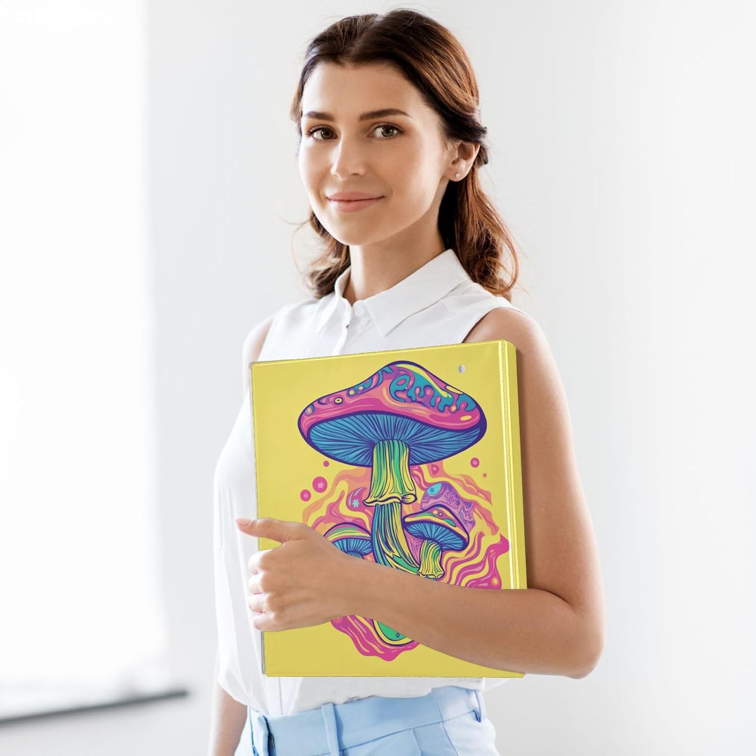 Aslsiy Customized Kids 3 Ring Binder Psychedelic Magic Mushrooms Personalized Round Clipboard Binder Yellow Decorative Harcover Binders Organizer for Office Supplies