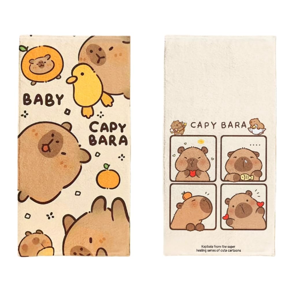 OMEIU Store 2PCS Children's Facial Towel, Kids Washcloth Towels, Cotton Kids Face Towels, Cute Kitty dog Hand Towel Set, Children Wash Cloths for Hand Face Shower, 33x 73 CM (Capybara)