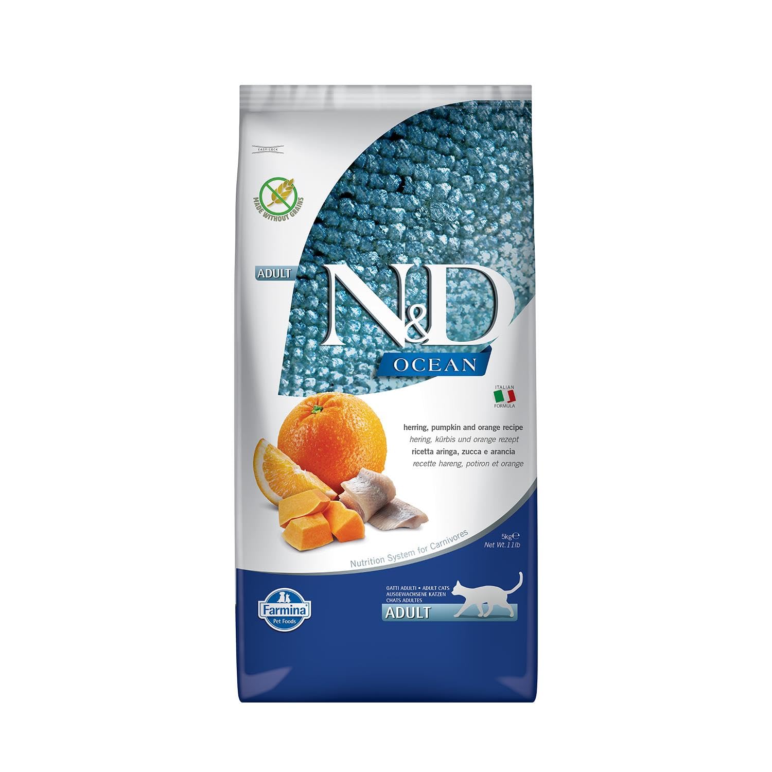 Farmina N&D Ocean Adult Pellets Katzenfutter(Trockenfutter, mit hochwertigen Vitaminen und natürliche Antioxidantien, ohne Mais, Zutaten: Hering und Orange, Portionsgröße: 5 kg)