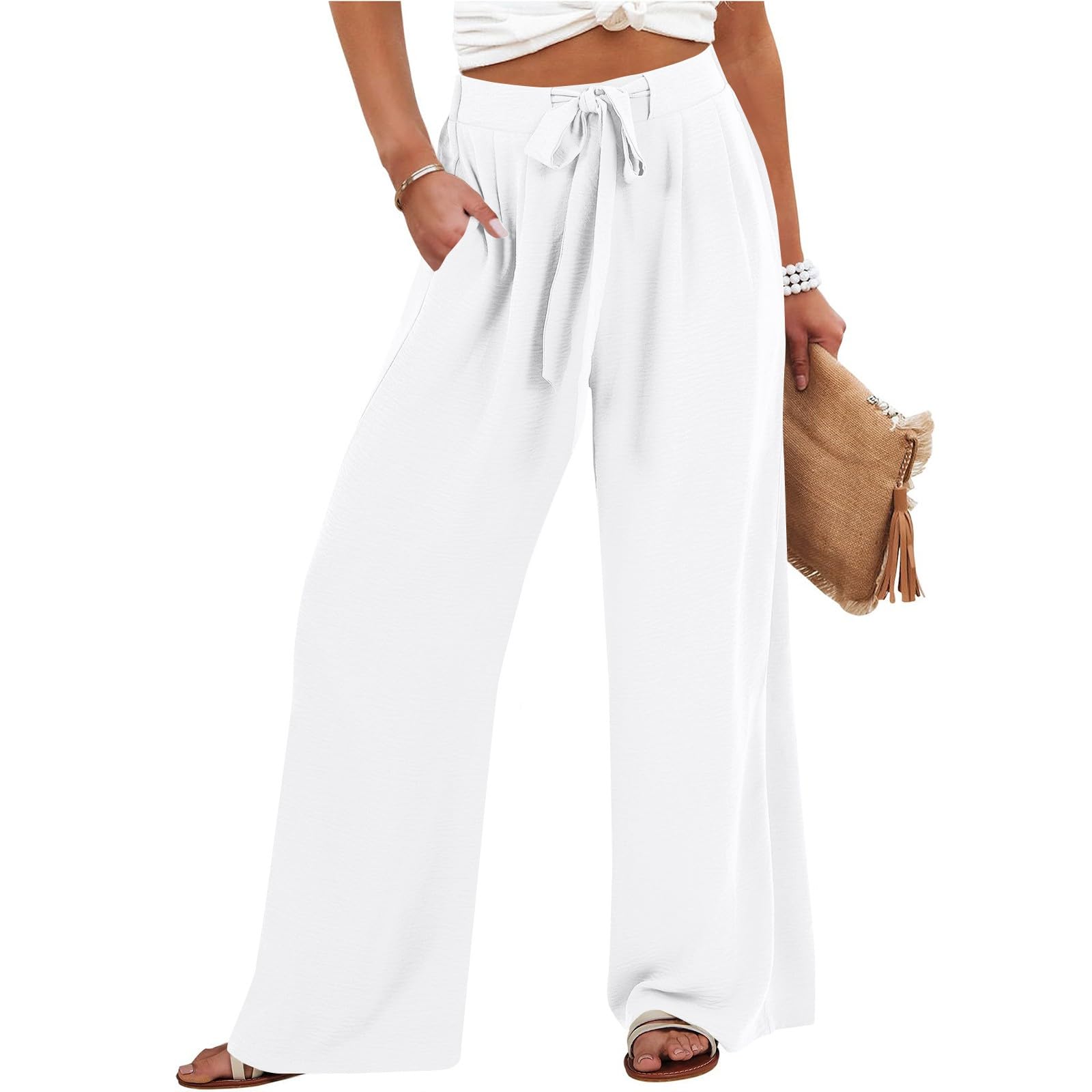 Linen Pants for Women Drawstring Paperbag High Waisted Wide Leg Palazzo Pants Dressy Work Trousers with Pockets