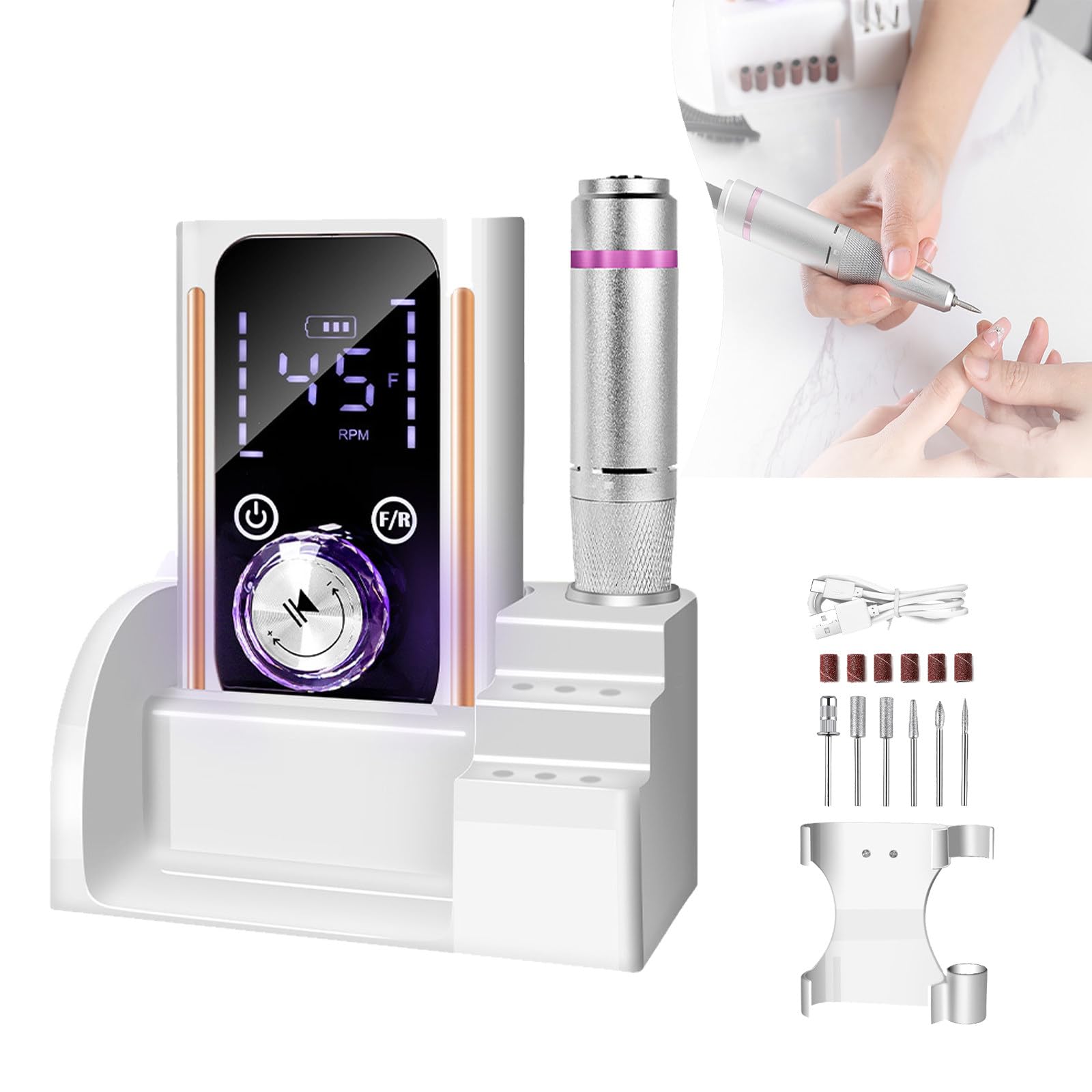 Taladro De Uñas Profesional De 45000 RPM, con 6 Cabezales De Pulido Y Pantalla LCD, Lima De Uñas Portátil para Eliminar Esmalte Acrílico Y Durezas, Kit De Lima De Uñas para Salón De Belleza.