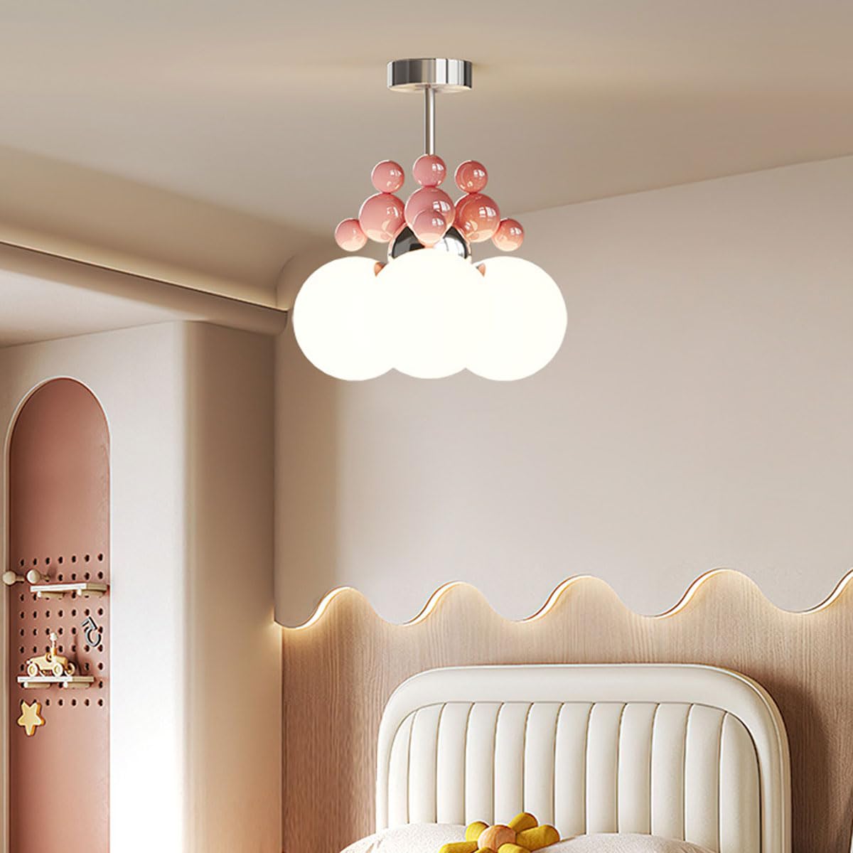 Ciepła różowa magiczna fasolka szklana wisząca lampa w kształcie kuli w kremowym stylu, lampa wisząca w kształcie kuli, ściemnialna lampa wisząca do pokoju dziecięcego