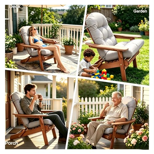 Image of QILLOWAY Outdoor High Back Chair Cushion for Adirondack, All Weather Rocking Chair Cushions Thick Padded Replacement for Patio Furniture Set of 4,Gray,White