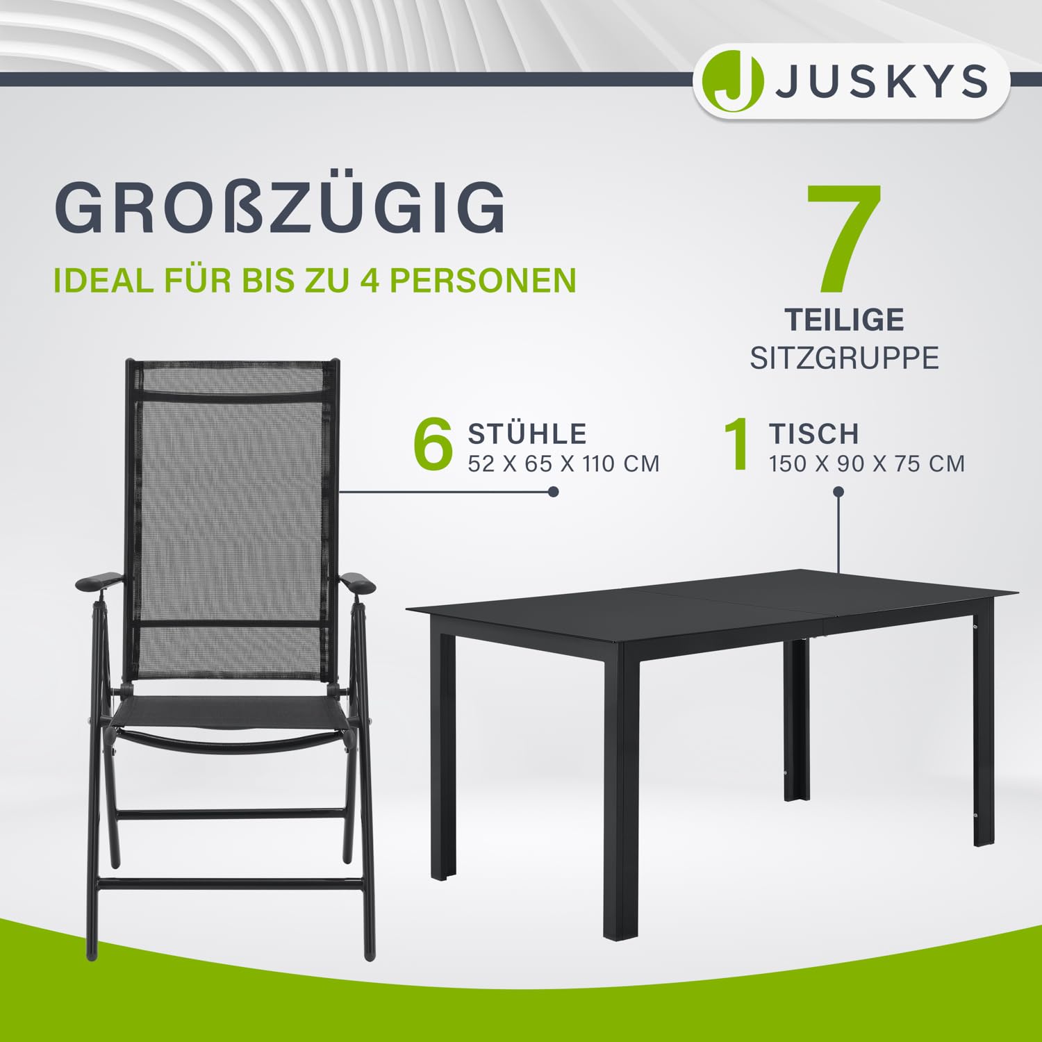 Juskys Gartengarnitur Milano 7-teilig – Gartenmöbel Set mit Tisch & 6 Hochlehner Stühlen, verstellbar & klappbar, wetterfeste Sitzgarnitur aus Aluminium – Grau