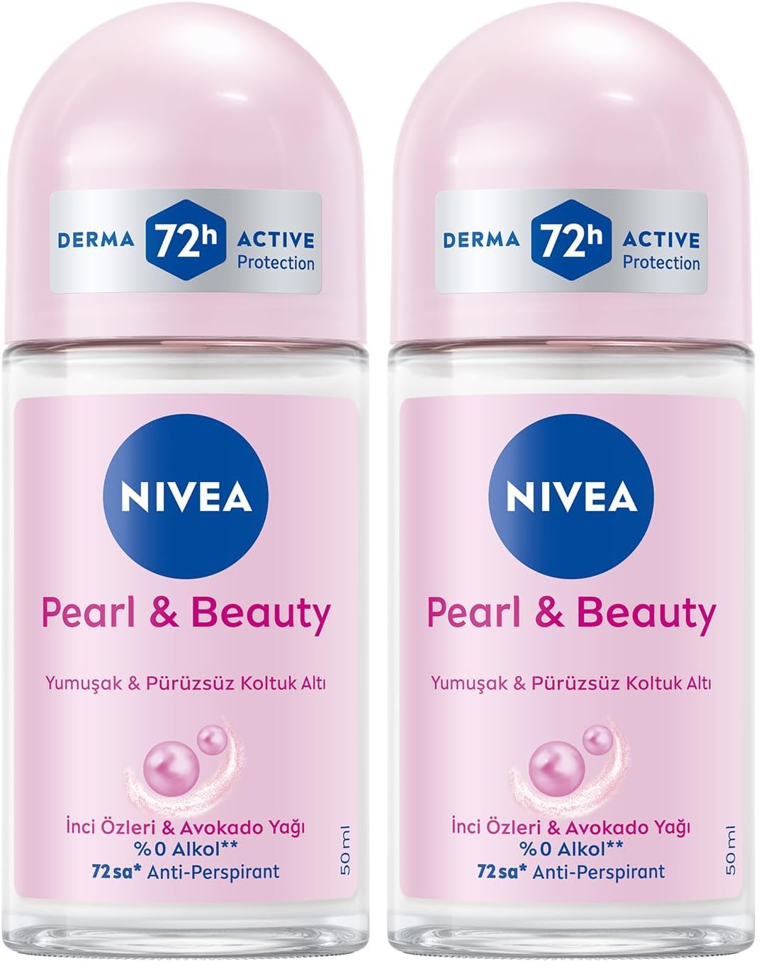 NIVEA Kadın Roll on Deodorant Pearl&Beauty 50 ml,72 Saat Terlemeye Karşı Anti Perspirant Koruma,Çiçeksi Pudra Kokusu,Yumuşak Koltuk Altı,Avokado Yağı,İnci Özleri, Etil Alkol İçermez (2 paketi)