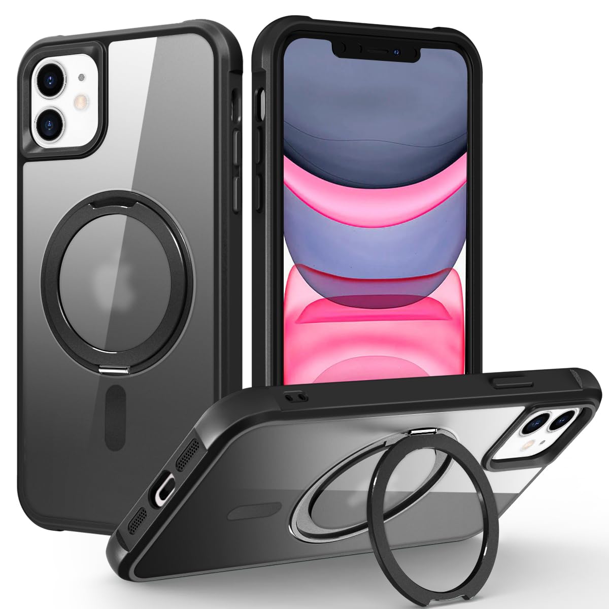 for iPhone 11 Case with 360 Rotatable Magnetic Ring Stand Compatible Mag-Safe Military Grade Protection Translucent Phone Case