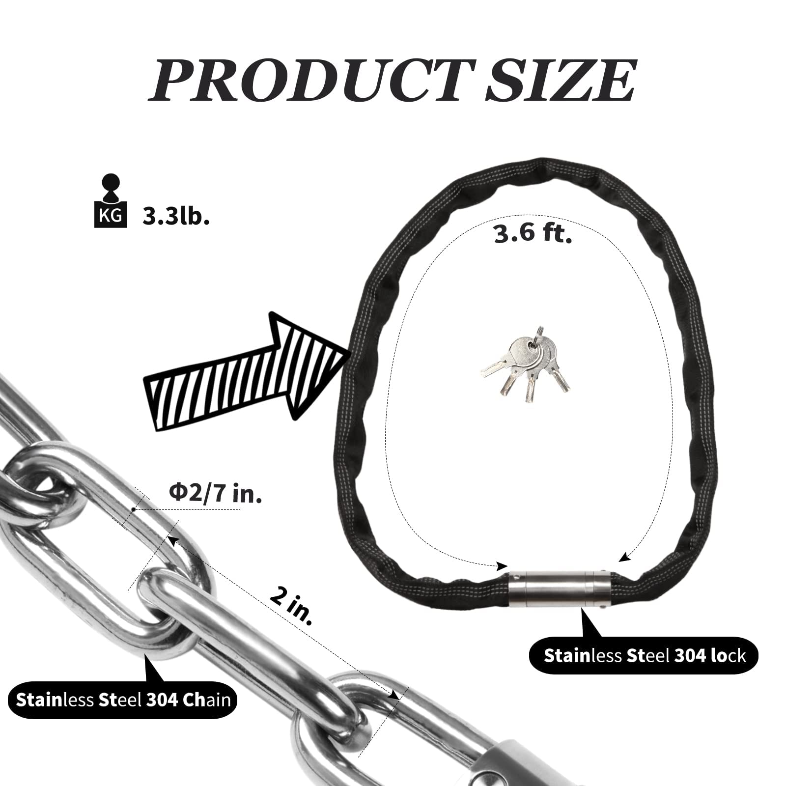 FIGODE 2 Stück Edelstahl Kettenschlösser mit 6 gleichen Schlüsseln, rostfreies Schloss und Kette, Marine Grade Schloss für Fahrrad, Moto, Roller, Boot, LKW und Tür, Diebstahlschutz - 110 cm lange