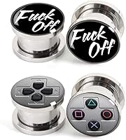 Awinrel Stainless Steel Ear Gauges Plugs: Game Console & F**k Off Designs, 4-Piece Set 2G-1" Tunnels for Stretching