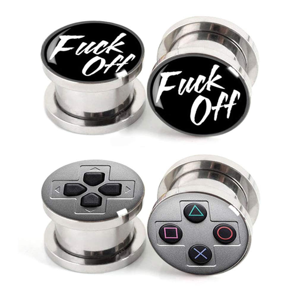 Awinrel stal nierdzewna Ear Gauges Plug Game Console i F**k off Tunnel Stretching Expander Body Piercing Biżuteria 4-częściowy zestaw 2G-2.5 cm
