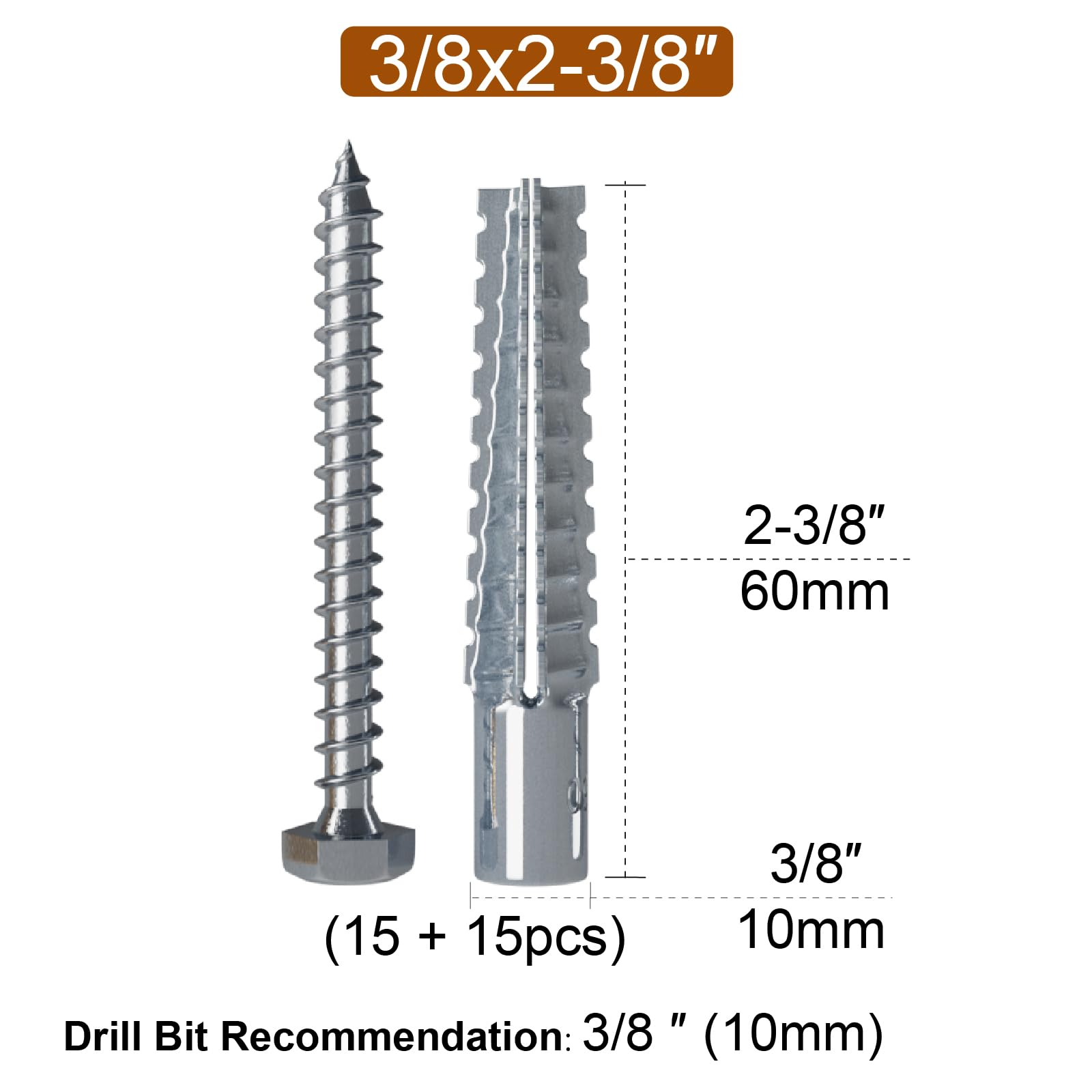 ZUYUEE 30PCS 3/8×2-3/8 in Screws and Wall Plugs Set,Concrete Anchors Wall Plugs for Brick, Bronze and Silver - Image 2