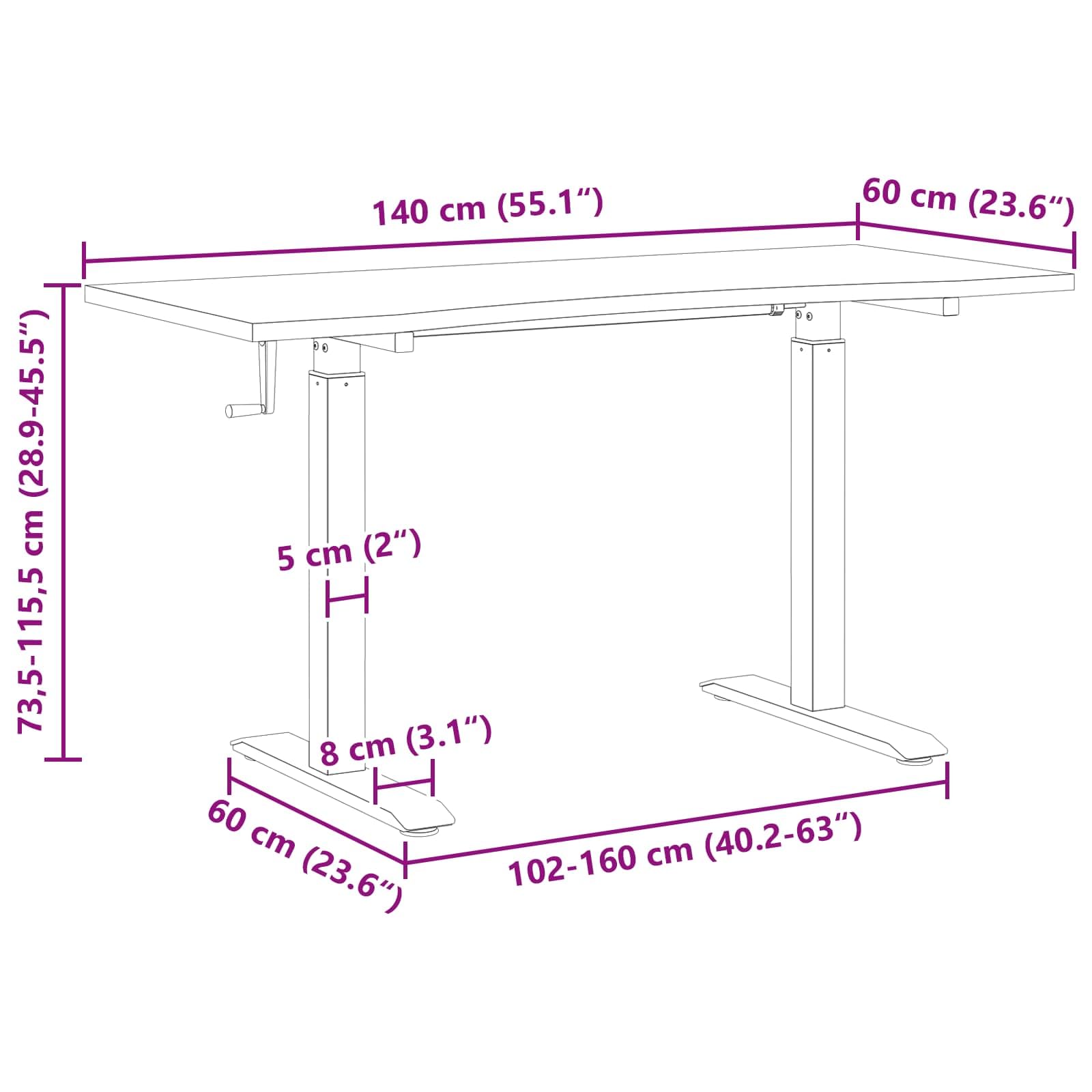 Biurko komputerowe z regulacją wysokości, z litego drewna dębowego, ze stalową ramą, 140 x 60 cm, czarne, naturalne, do domu, biura, gabinetu i gabinetu, elastycznie regulowane