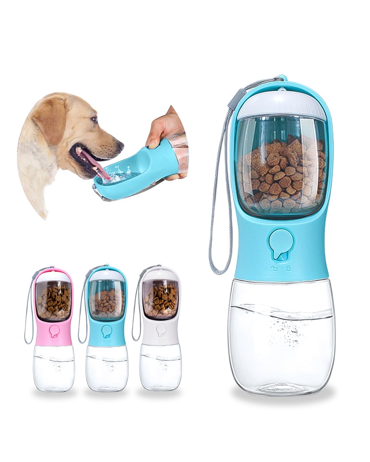 Paoakaola Dog Water Bottle 2 in 1, Leak Proof Portable Pet Water Bottle with Food Container, Outdoor Portable Water Dispenser for Cat, Puppy for Walking, Hiking, Camping, Travel(10oz Blue)