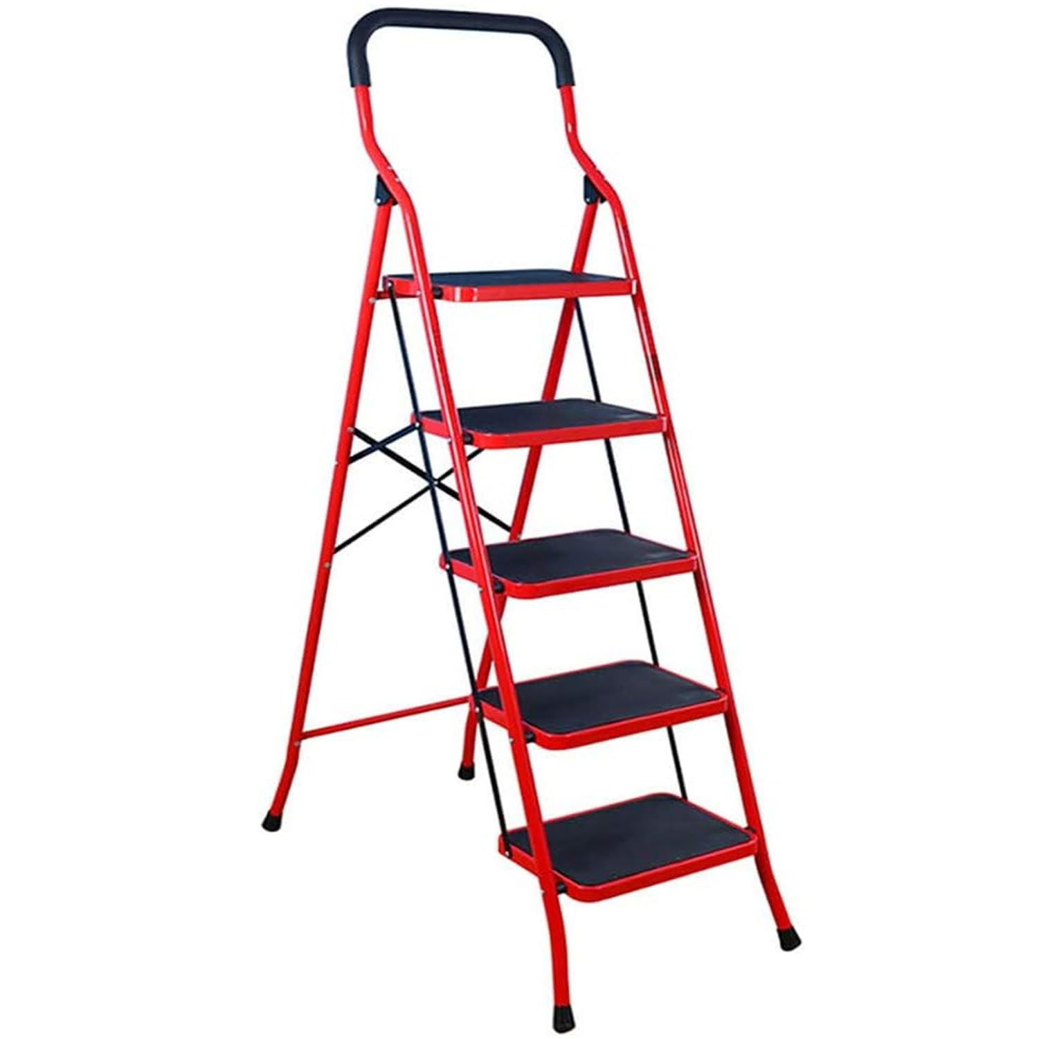 Tuffmate Red Tuff Mate 5 Step Folding Step Ladder With Handrail Steel Step Stool With Wide Non-Slip Treads