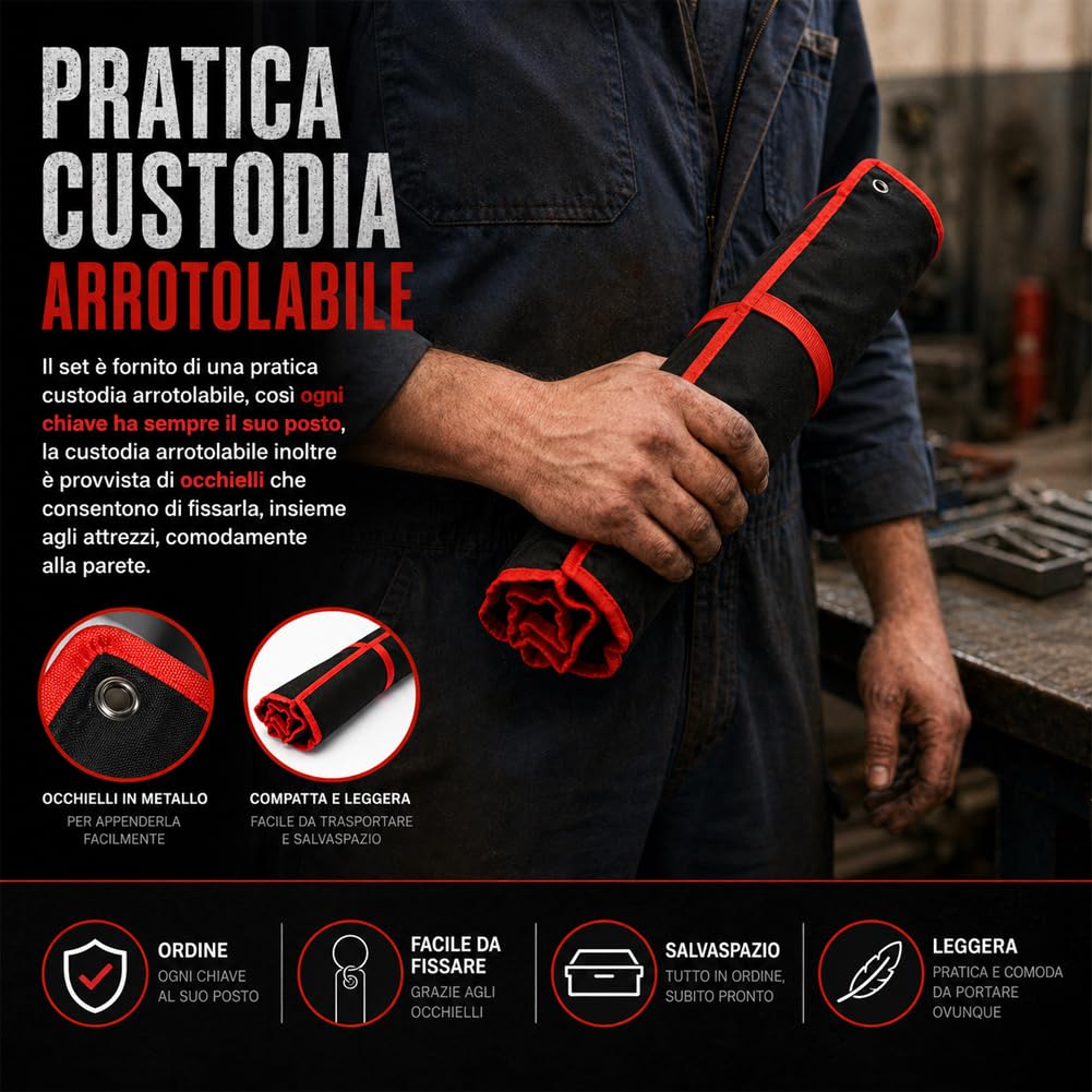 BAKAJI Set Chiavi Combinate 25pz Fisse e Stella 6-32mm in Acciaio al Carbonio con Astuccio in Tessuto
