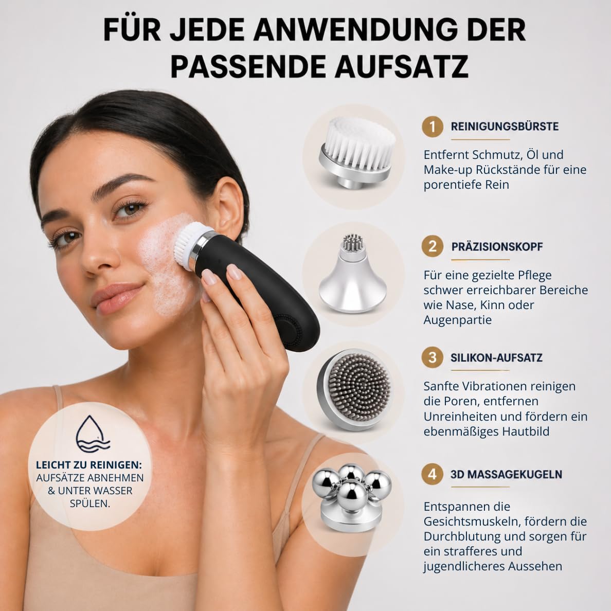 Gesichtsmassagegerät – 6-in-1 Gua Sha Gerät Elektrisch für Gesichtsmassage, Gesichtsreinigung & Hautstraffung – 4 Aufsätze, Reinigung, Faltenreduzierung, IPX7 Wasserdicht, Wiederaufladbar
