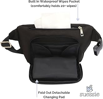 Suessie Fanny Pack Diaper Bag - with Baby Changing Pad & Waterproof Wipes Pocket - Stroller Organizer Black
