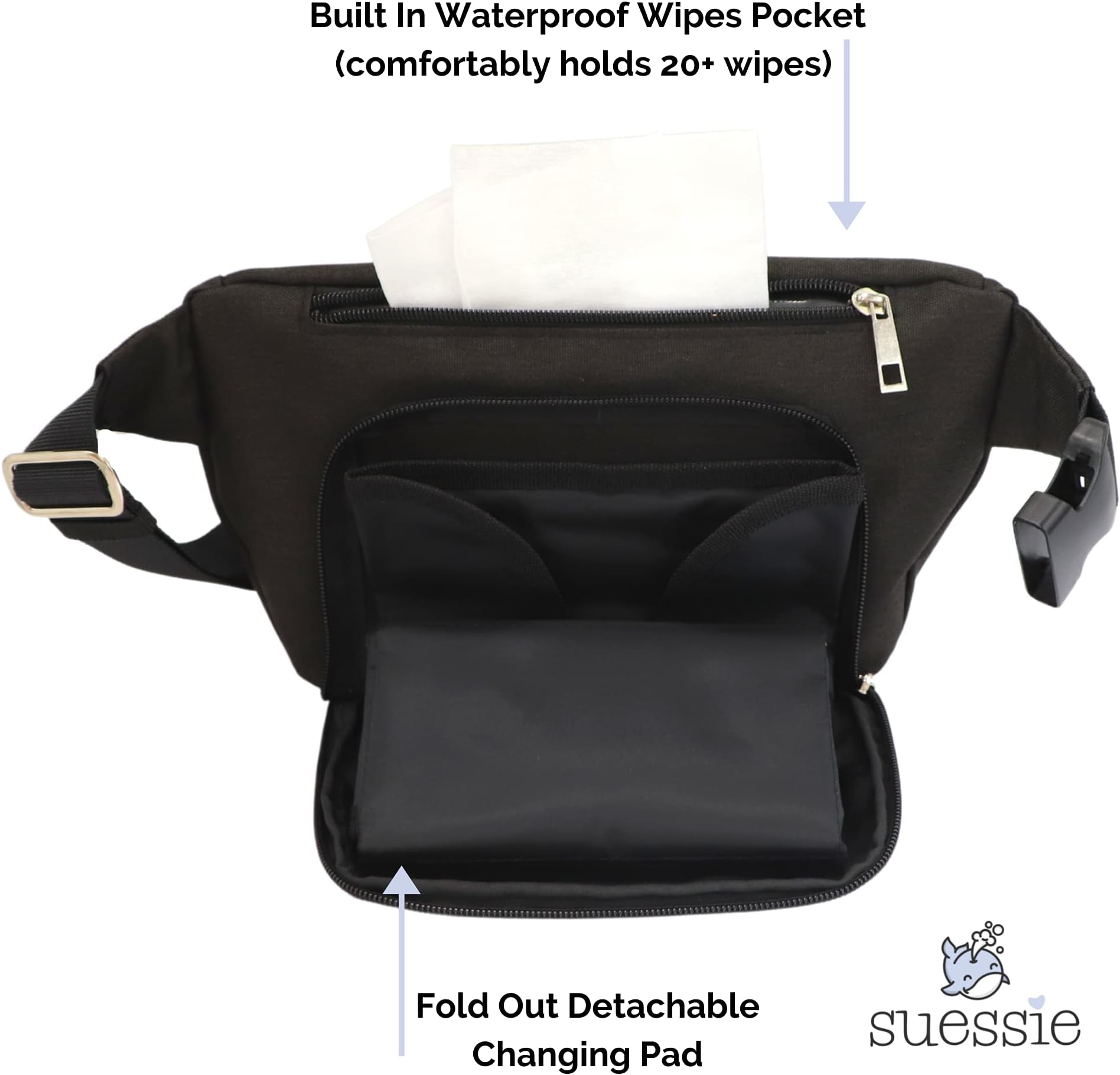 Suessie Fanny Pack Diaper Bag - with Baby Changing Pad & Waterproof Wipes Pocket - Stroller Organizer Black