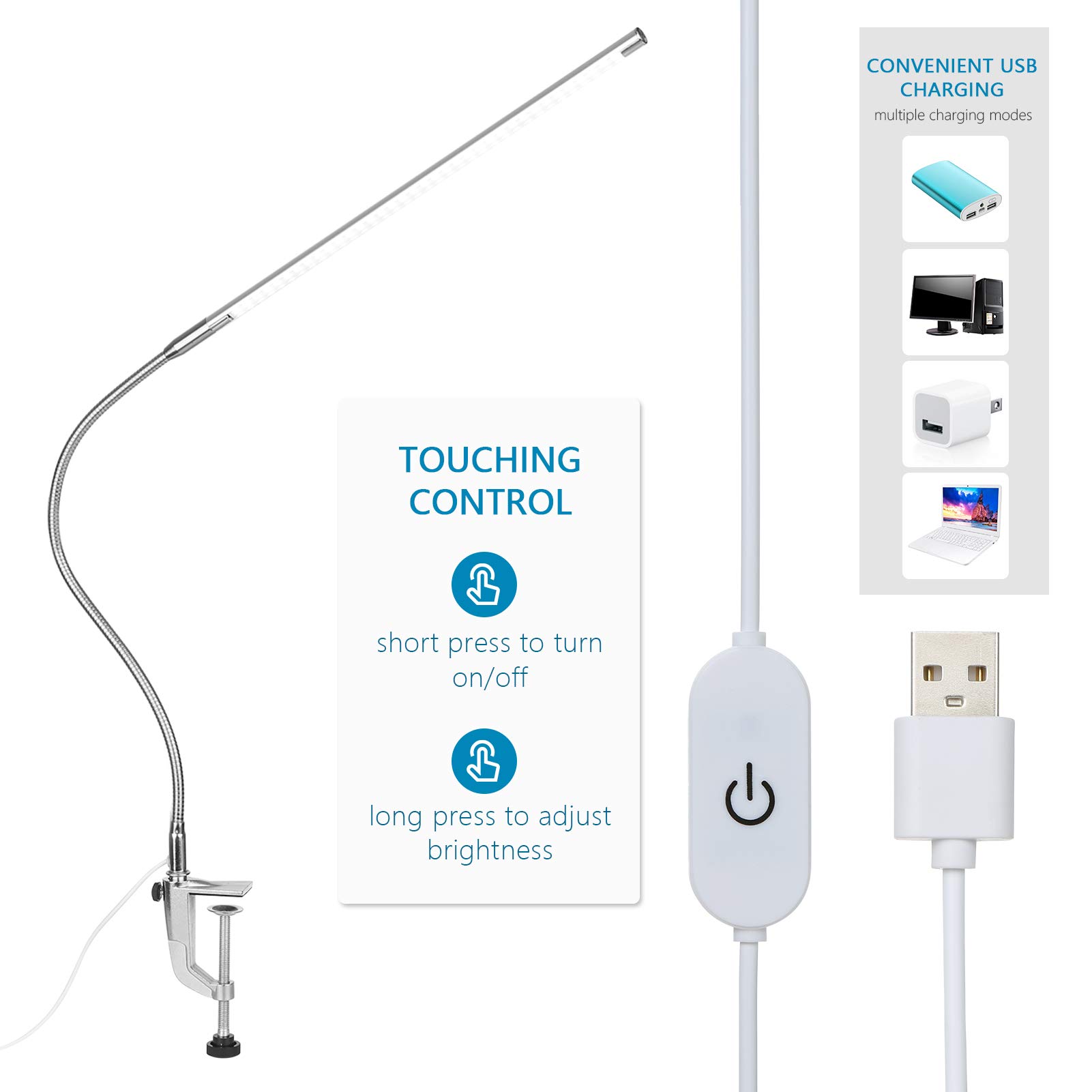 ADITAM USB Clip-on lampa biurkowa biała kontrola dotykowa możliwość przyciemniania diod LED lampka do czytania elastyczny kąt do zagłówka łóżka stół biurowy Double the comfort
