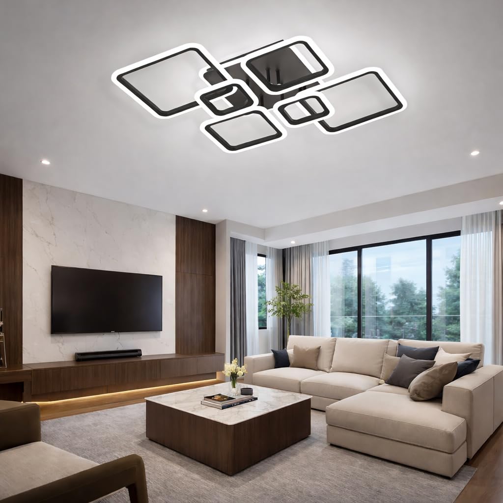 OKELI Moderne LED led Deckenleuchte, 48W Schwarze Deckenlampe mit 7 quadratischem Acryl-Design, Große Kronleuchter Deckenleuchten für Wohnzimmer, Schlafzimmer und Küche, 6000K