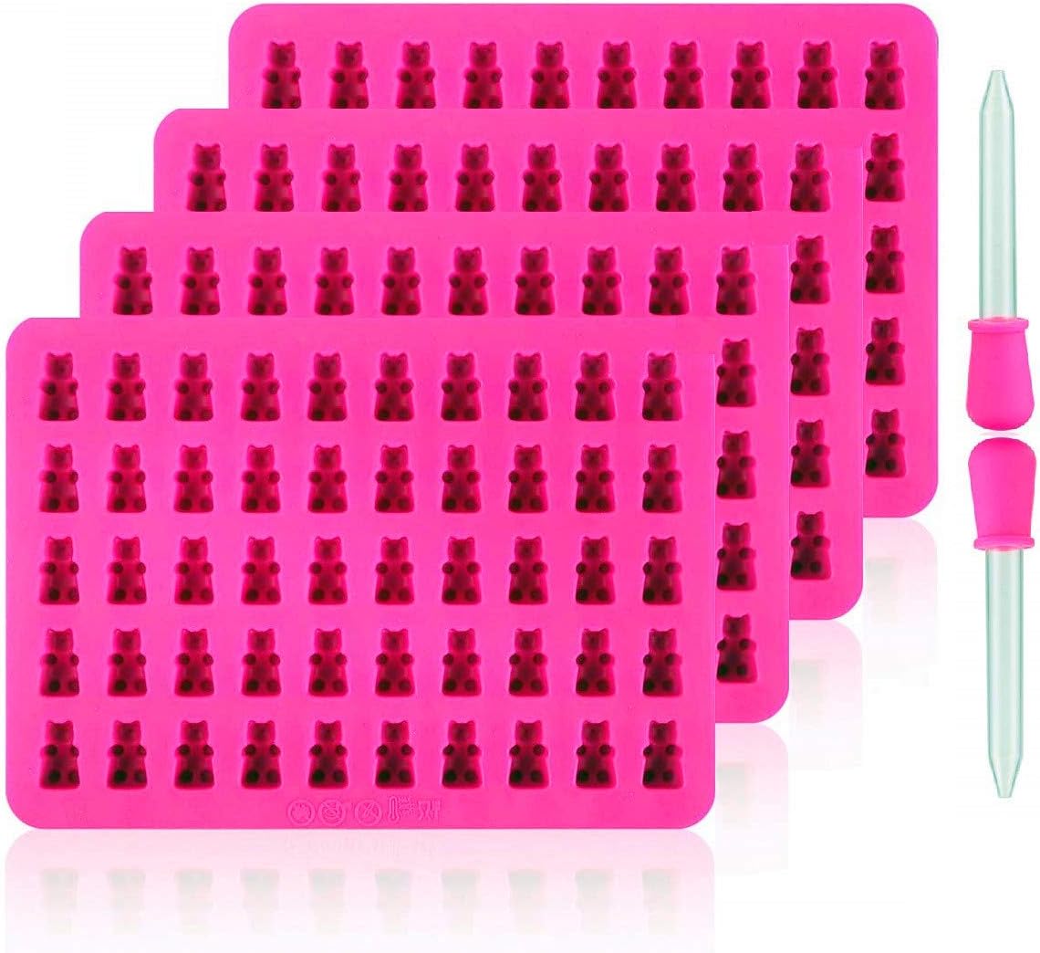 Newest Generation - 4 Pack Silicone Gummy Bear Molds 50 Cavities, 2 Bonus Droppers ，Suitable forJelly Molds, Chocolate Molds, Gummy Bear Candy Molds - Bear（Pink）