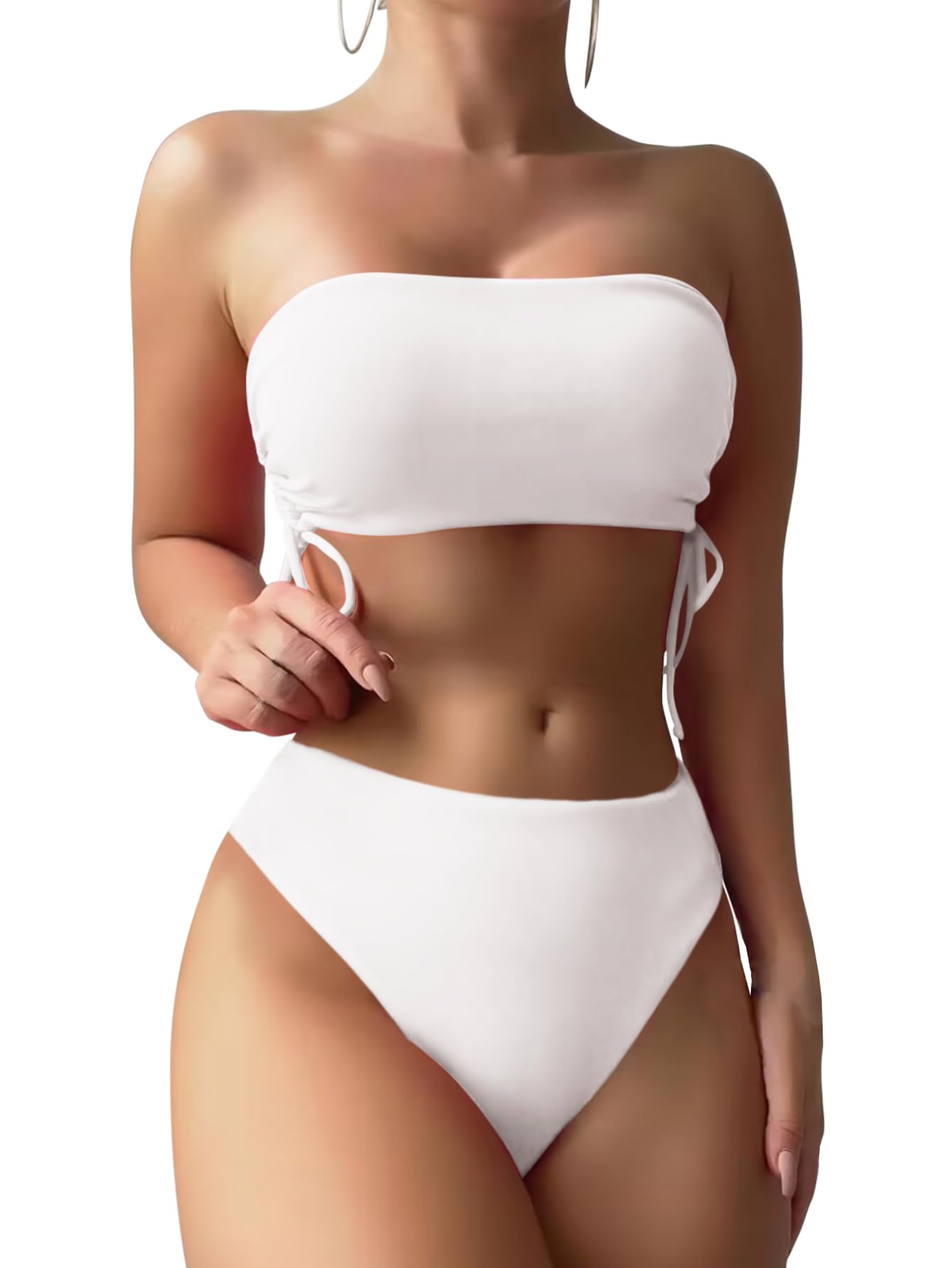 SucrefasWomen's Bandeau Bikini Sets Removable Strap Wrap Tie Side Two Piece Swimsuit Cheeky High Waisted Bathing Suits