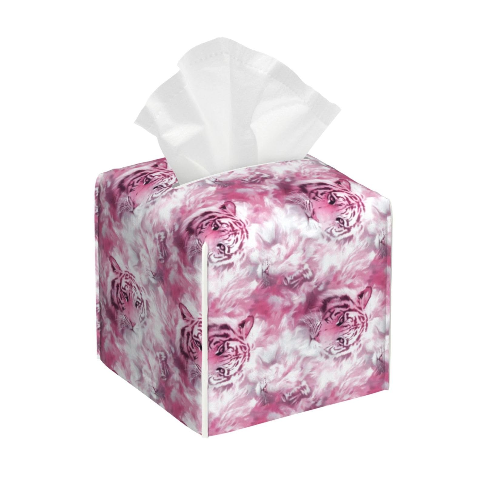 Watercolor Pink Tiger Print Tissue Box Cover Holder Square, Foldable Modern Cube Tissue Box Cover, Leather Decorative Organizer for Tabletop Bathroom Car Office Desk Decor