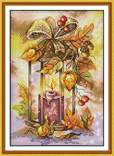 Image of CaptainCrafts New Cross Stitch Kits Embroidery Kit Full Range Pre-Printed and Counted Fabrics Kits for Adults Beginners Home Decor (White Cloth Unpreprint 14CT, Autumn Lantern)