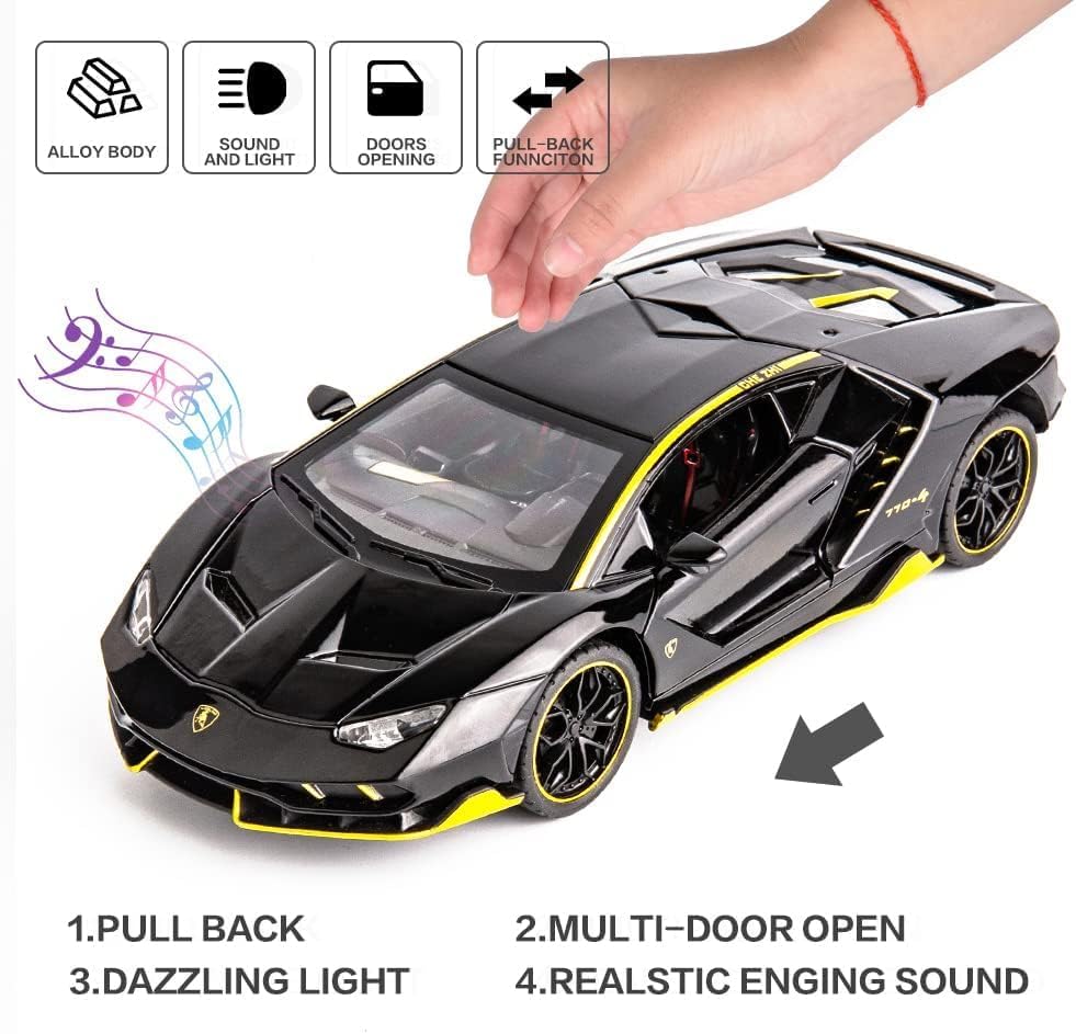 Image of Model Car Compatible for 1 /24 Scale Lamborghini LP770 Alloy Diecast Model Vehicles Pull Back Toy Car with Light and Sound for Kids Boys Gift(Black)
