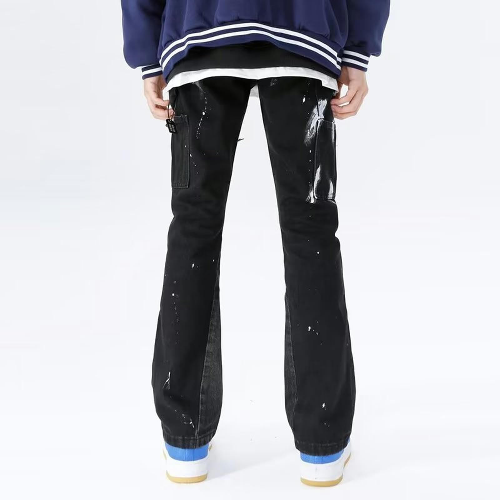 Jeans Hip-Hop Streetwear da Uomo, Pantaloni Leggermente Svasati-Nero-M