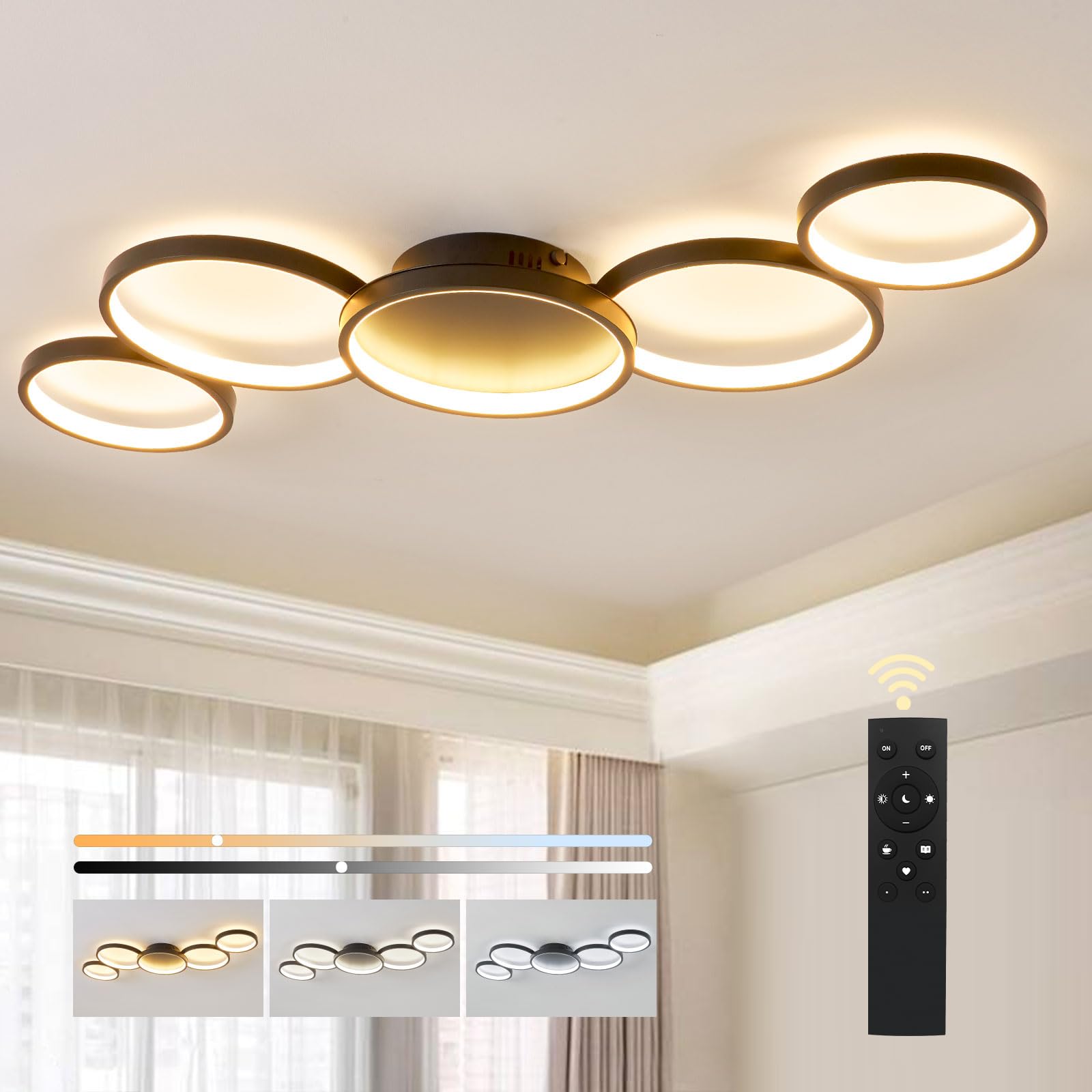 BAYHT LED Wohnzimmerlampe Schwarz Runde LED Deckenleuchte Dimmbar 56W 5600LM mit Fernbedienung 3000K-6500K Geeignet für Wohnzimmer Schlafzimmer