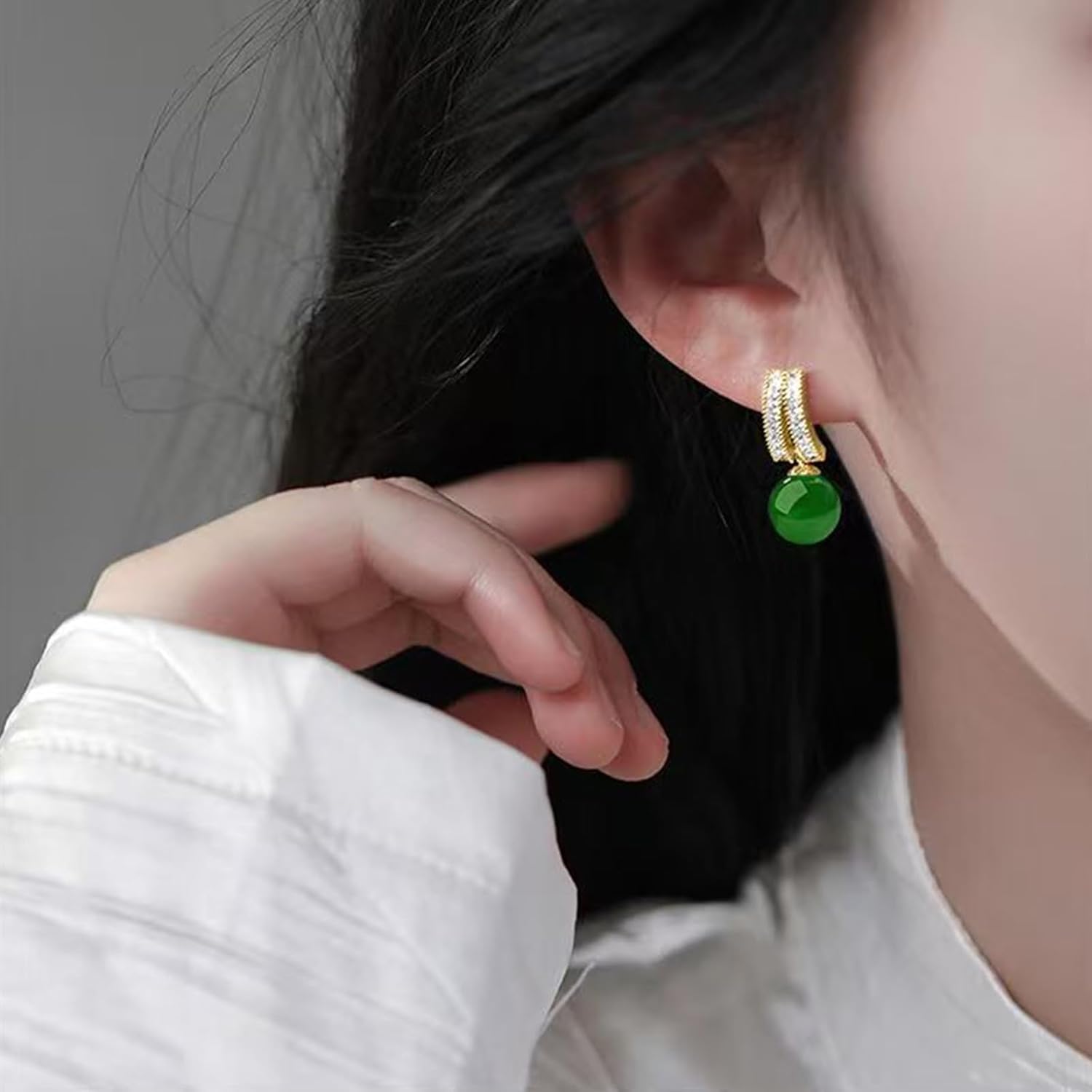 MRW Jade Drop Earrings for Women, Green Round Jade Dangle Earrings with Zircon Accents, Gold-Tone Setting