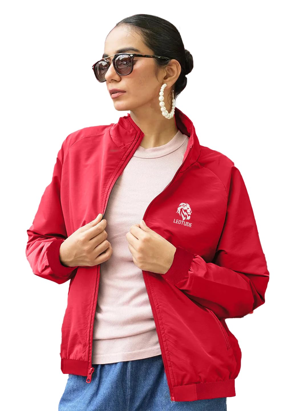 leotude Women's Polyester Standard Wind Cheater Water Resistant Loose Fit Jacket With Zipper Side Pocket-picture-47