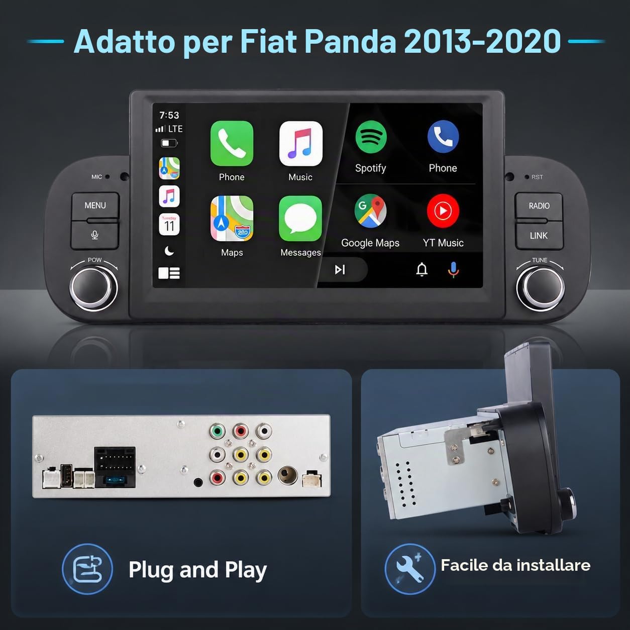 FIAT Panda 2013-2020 Autoradio 1 DIN CarPlay wireless Android Auto DSP RDS | Sistema Linux,avvio rapido 2s,Plug&Play,Bluetooth,CANBUS,comandi volante originali,schermo supporto telecamera posteriore