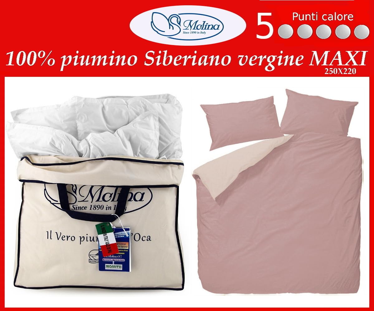 Molina Piumino Matrimoniale Perla 250x220 – 100% Piuma d’Oca Vergine Siberiana – 5 Punti Calore, Anallergico, Invernale Premium Made in Italy + copripiumino double-face var. (Rosa chiaro/Rosa scuro)