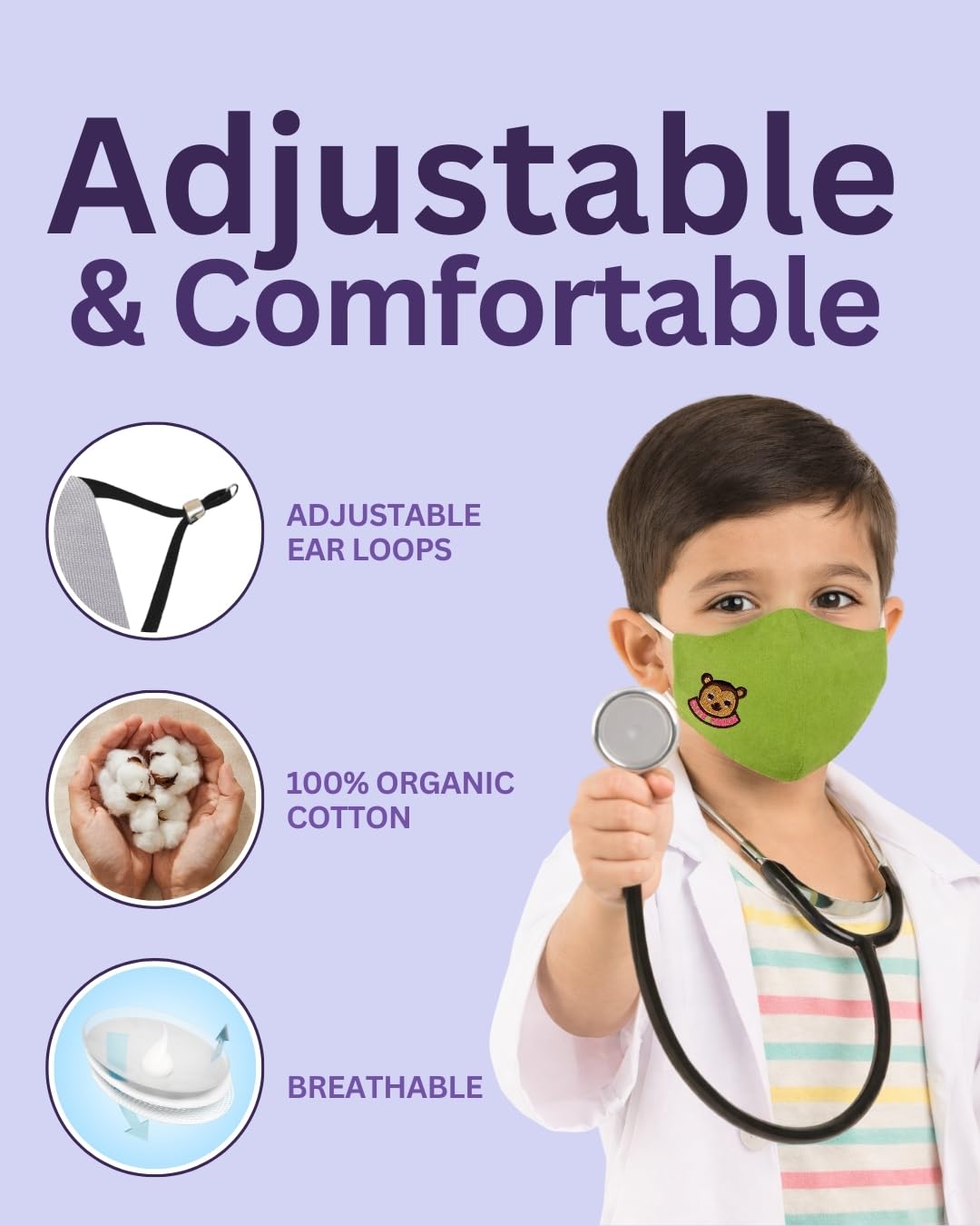 MASQ By Q-One Panda 4 Layer Washable, Reusable, Size Adjustable, Anti-Bacterial (BFE>99%) Embroidered Cotton Cloth Face Mask Combo for Unisex each with Lanyard, Ear Loops (Multicolor, Without Valve) 2