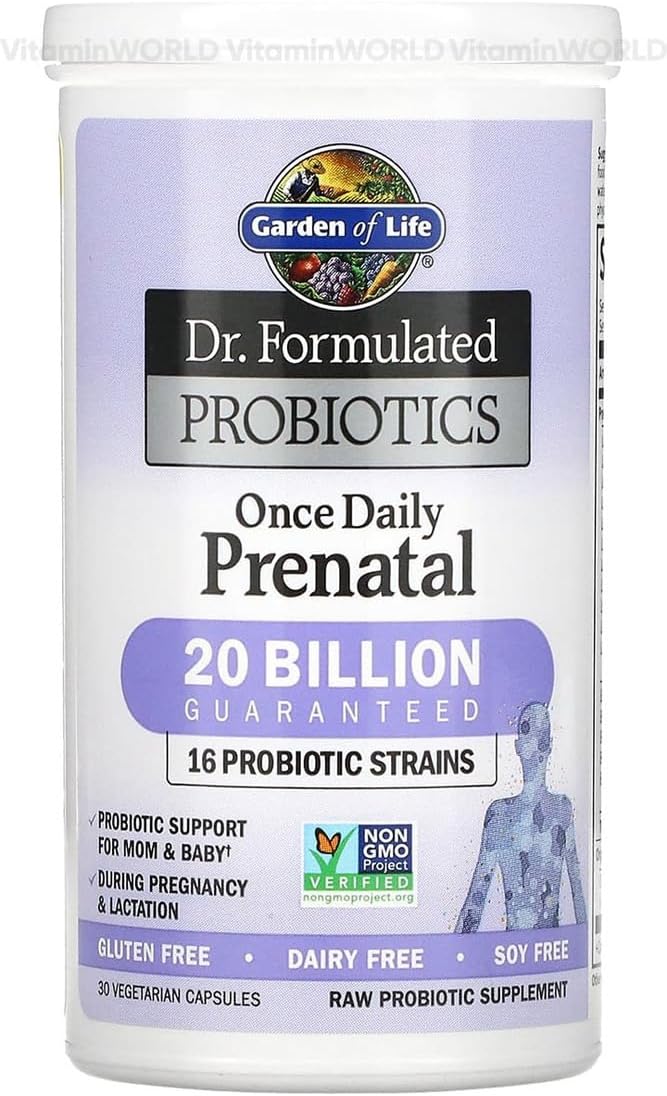 Garden of Life Dr. Formulated Probiotics Once Daily Prenatal - Acidophilus and Bifidobacteria Probiotic Support for Mom and Baby – Shelf Stable - Gluten, Dairy, and Soy-Free - 30 Vegetarian Capsules