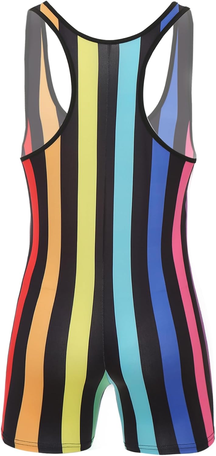 Freebily Men's One Piece Striped Wrestling Singlet Athletic Boxer Shorts Swimsuit Bodysuit