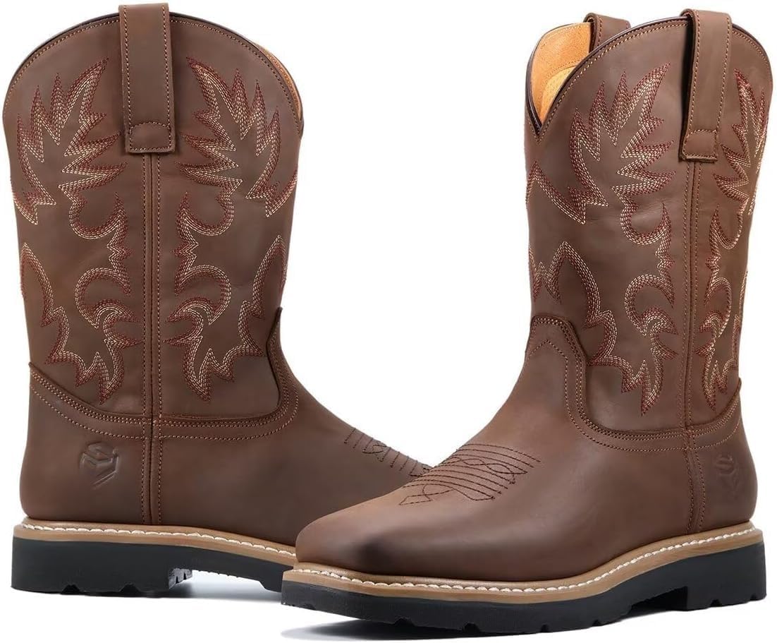 SUREWAY Mens Western Square Toe Cowboy Boots for Men,Soft/Steel Toe Full Grain Leather Slip On Pull On Work Boots for Construction Farming - Image 5