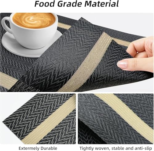 Image of Placemats Set of 6 Dining Table Place Mats | Placemats Table Mat PVC Material | Non-Slip Heat Resistant | Dining Tablemates Washable Anti-Skid | Size 45 x 30cm (A* Black)