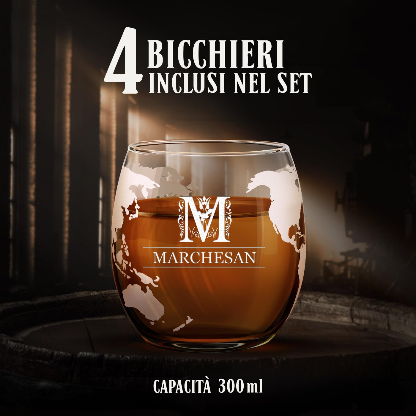 Maverton Decanter per Whisky in vetro - incisione personalizzata - Caraffa da 1000 ml con una nave all’interno + 4 Set bicchieri whisky - idea regalo per l’uomo - nobile