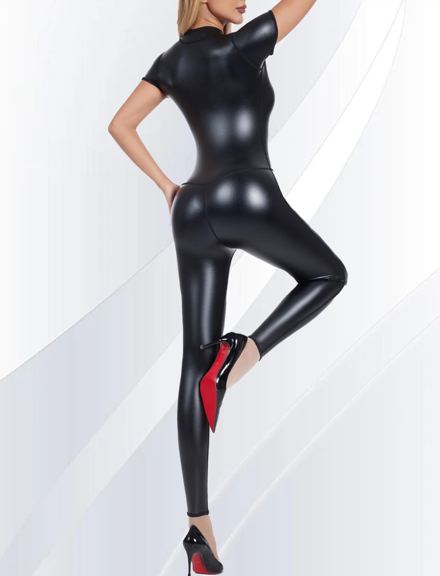 Bodysuit Donna in Pelle Leotard con Anteriore Zip Aderente Stretch Abito per Halloween Formazione Sportivo Spettacolo S-4XL
