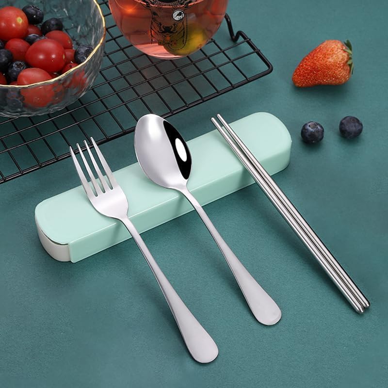 Travel Utensils with Case, Portable Flatware Set for Work, Stainless Steel Reusable Travel Cutlery Set, Fork and Spoon Set for Camping, Gadgets, Lunch Box for Men&Woman, Green
