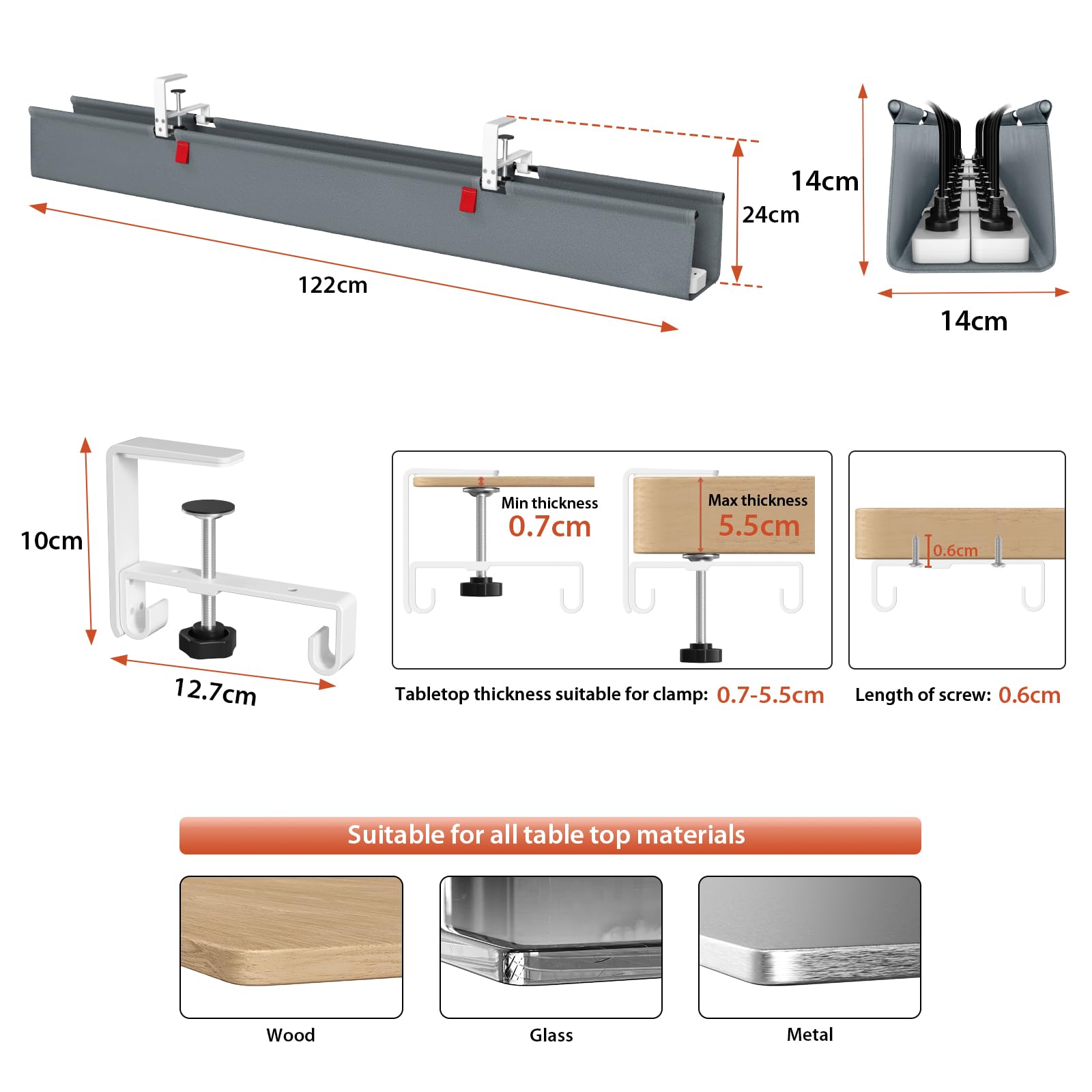 Univivi Kabelkanal Schreibtisch Grau, 120cm Ohne Bohren Kabelmanagement Schreibtisch Fexibel Oganizer, Klemmen/Schraubmontage, Stabiles Wasserfestes Kabeltray für Büro und Zuhause