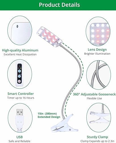 Miniatura 6 de DOMMIA Luz de crecimiento, luz de crecimiento regulable con clip de escritorio con temporizador de 61216h, luces de cultivo de plantas de cuello de