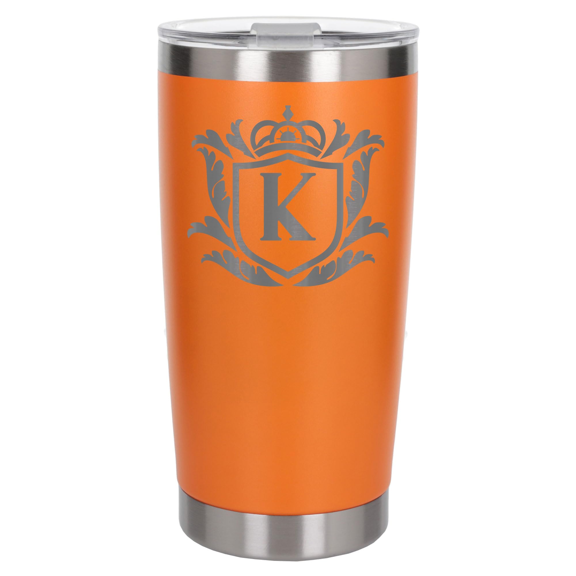 Customised Gifts 500ml Engraved Shield Initial Monogram Insulated Personalised Orange Travel Mug for Men and Women - Personalised Initial Coffee Travel Mug for Hot and Cold Beverages, Letter K