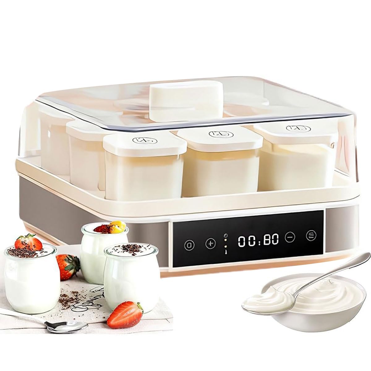 Cyfrowy producent jogurtów z wyświetlaczem LCD, 9 * 170 ml automatycznego producenta jogurtu ze stali nierdzewnej z 9 słoikami, regulowaną temperaturą i czasem, prezent na organiczny probiotyk