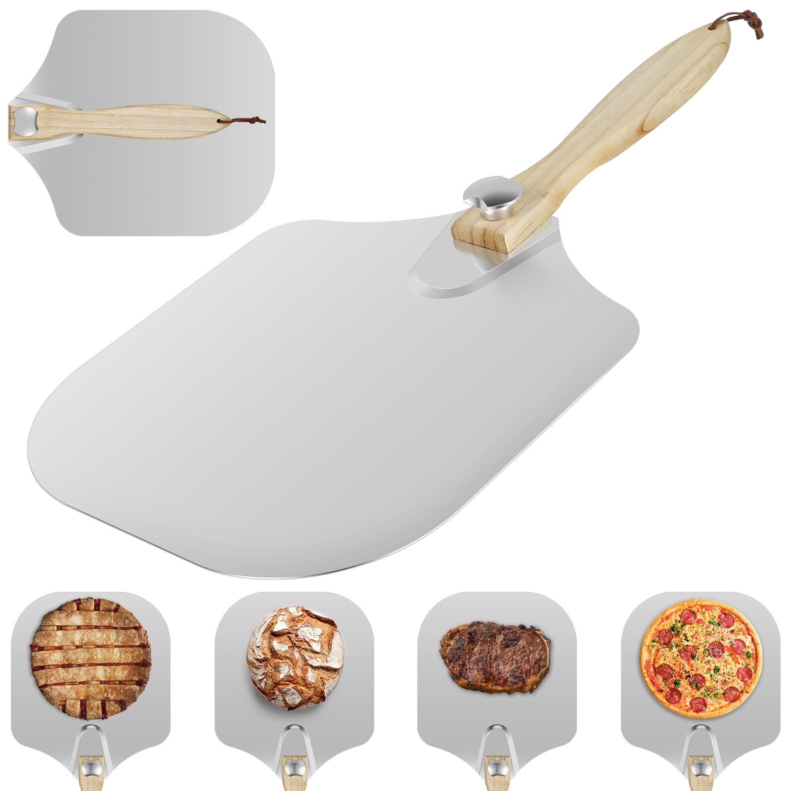 Abizarch Aluminum Pizza Peel Rectangular Pizza Spatula with Folding Wooden Handle 23.6×14×12 Inch Pizza Peel Paddle Multifunctional Pizza Turning Peel Non-Stick Pizza Paddle for Home Kitchen Pizza Cak