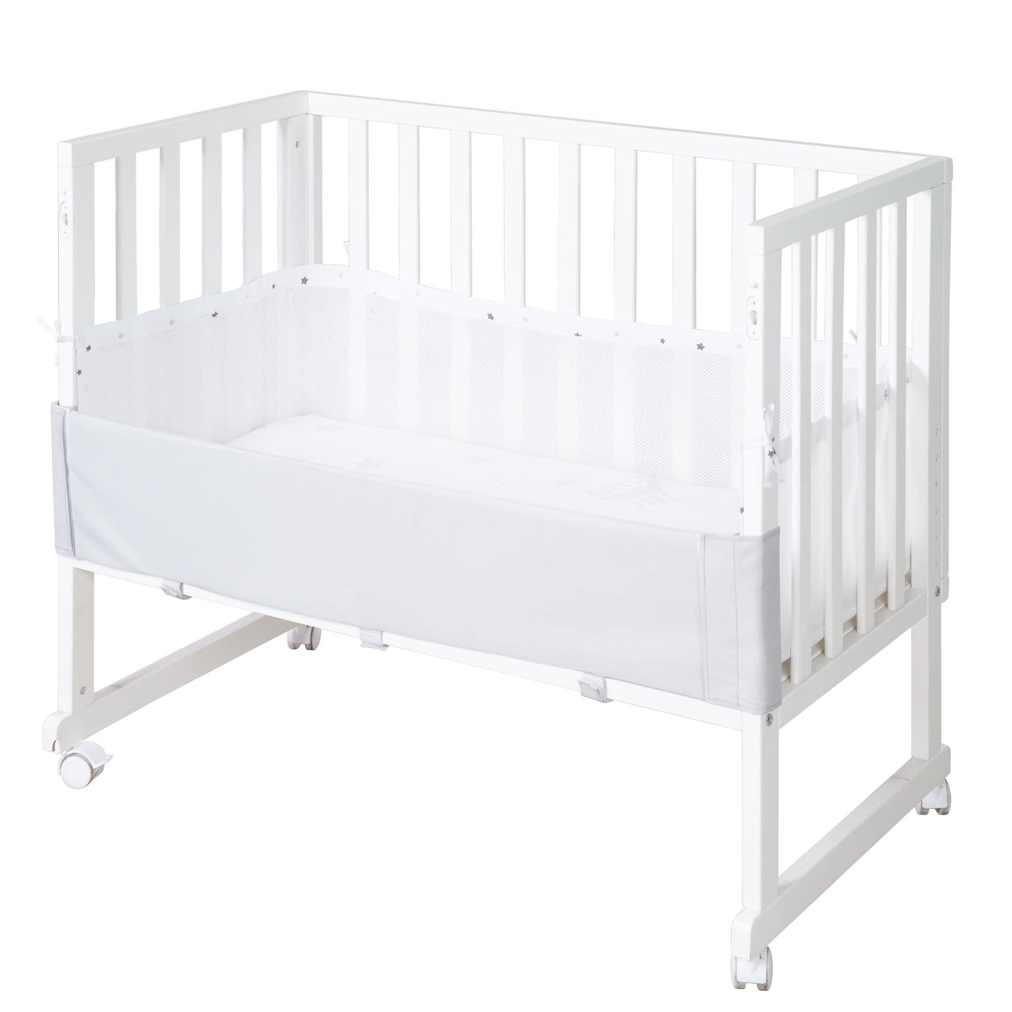 roba Lit Cododo 45 x 90 cm safe asleep® 3 en 1 - Hauteur Réglable - Berceau + Matelas + Barrière en Toile + Bordure en Maille + 4 Roulettes à Freins - Ensemble de Lit Bébé - Bois Blanc